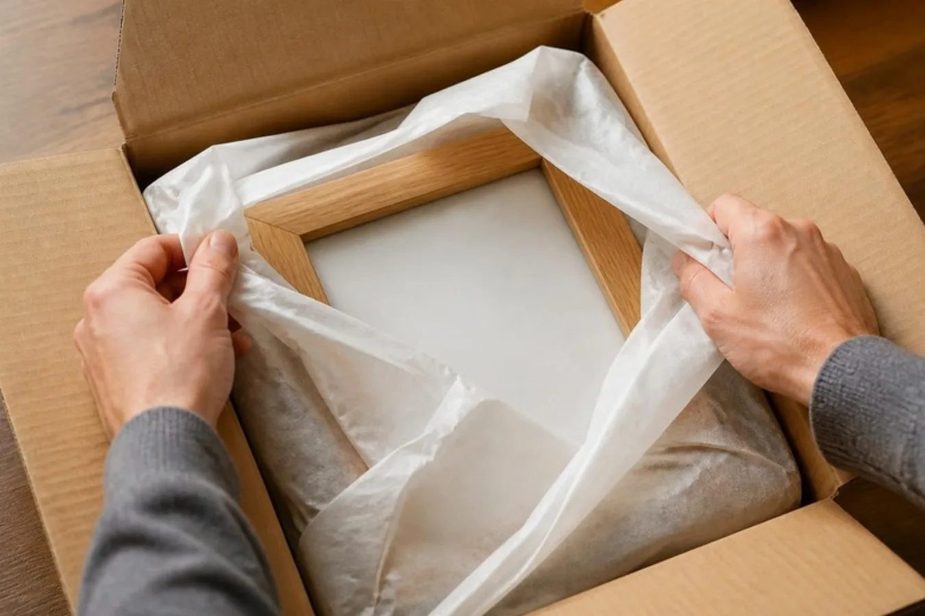 A parcel being opened to show a carefully wrapped picture frame