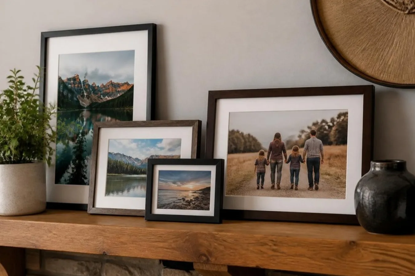 Framed photographs arranged on a wooden shelf