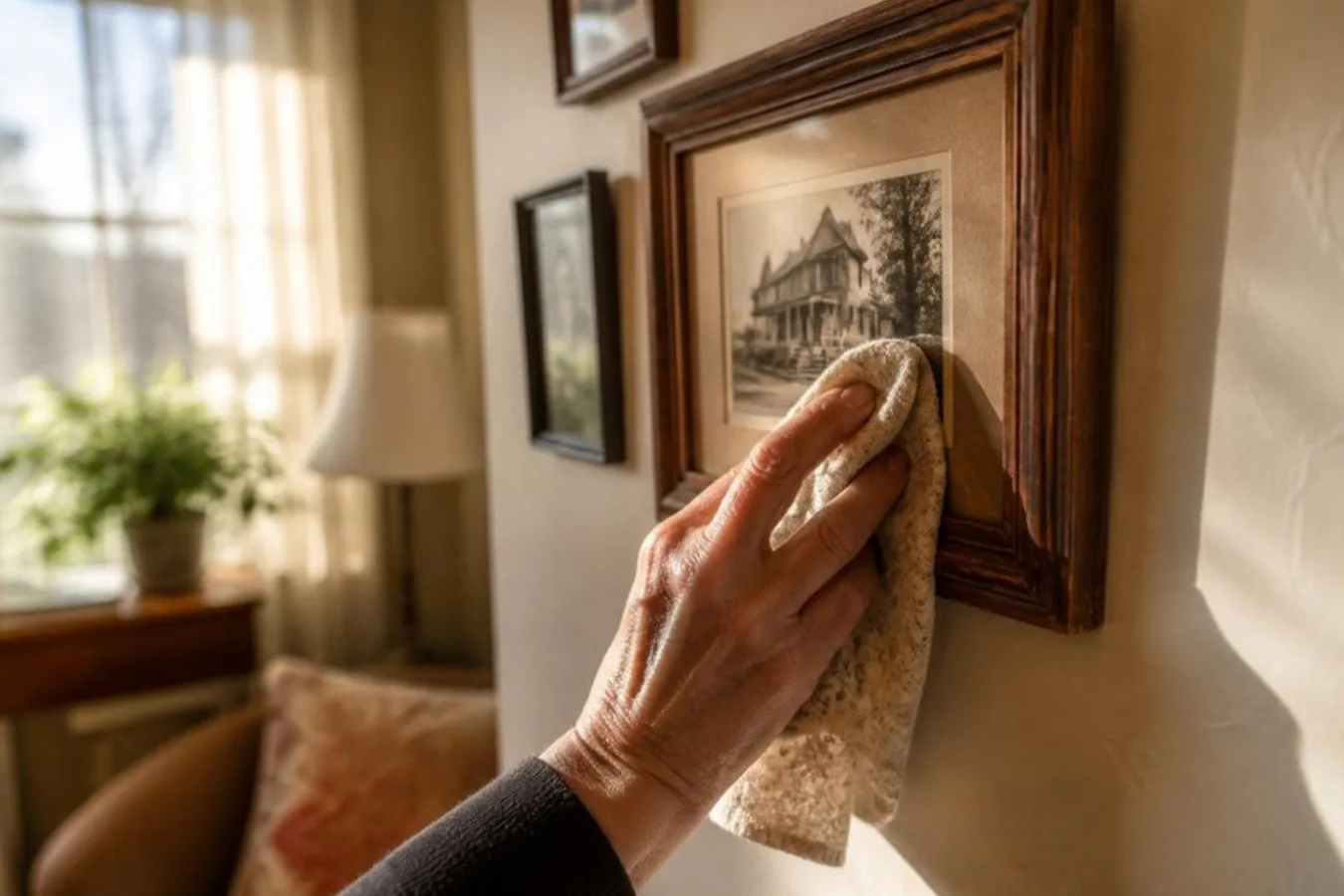 A picture frame being dusted with a soft cloth