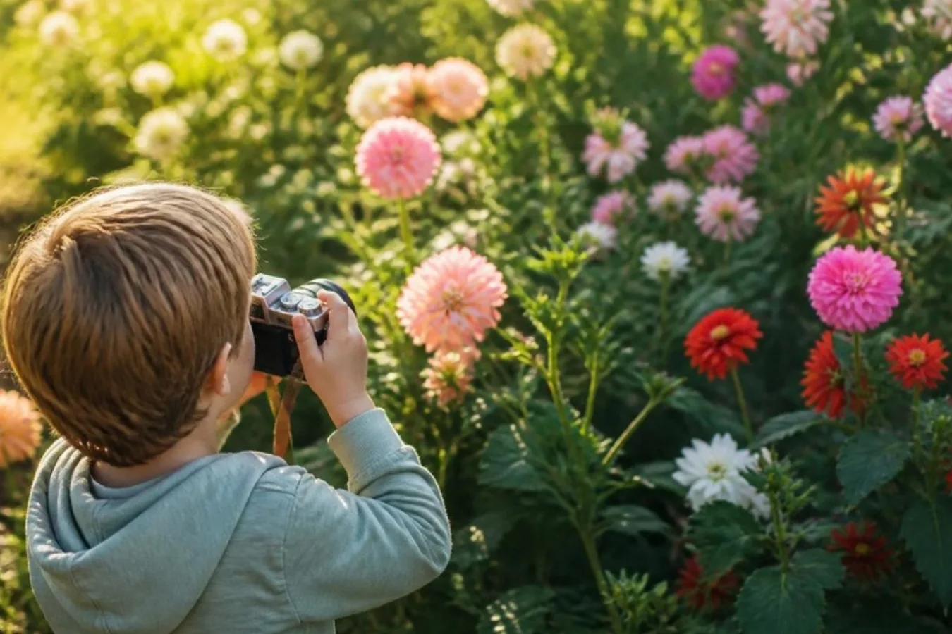 A child taking a photo with a camera outdoors