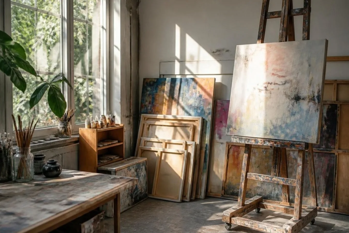 An artist's studio with canvases, brushes and an easel