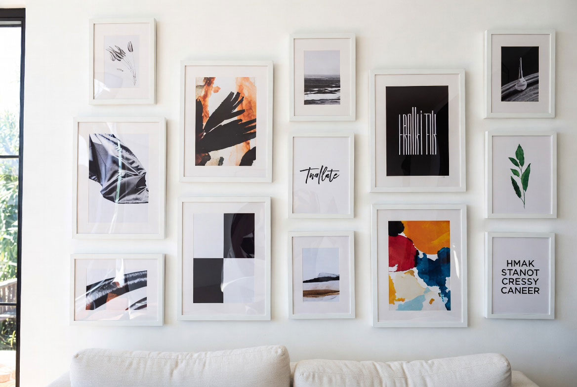 Modern living room with white gallery wall and sofa