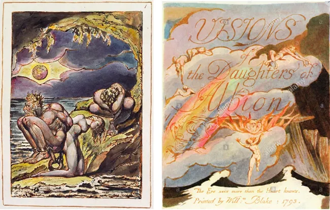 Blakes illustrations for Visions of the Daughters of Albion. Albion was the son of Poseidon, the sea-god, but the name also refers to ancient Britain. This is typical of Blakes often-confused interweaving of stories, legends and facts. But this work was strikingly sexual in its imagery.