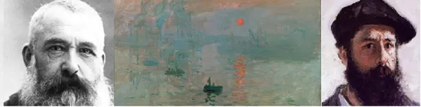 Oscar-Claude Monet, as he was and as he saw himself, together with his 1872 painting Impression, an interpretation of his hometown Le Havre. This painting kicked off the impressionist era, with everybody else pretending that they were colour-blind too. 