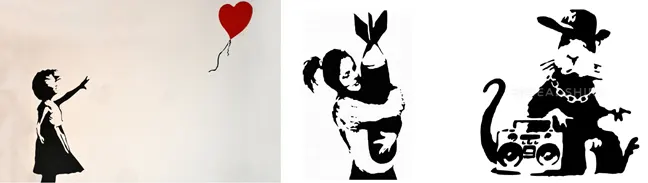 Left is Banksys Girl with Balloon. Centre is his Bomb Hugger. And right is one of his many rats.