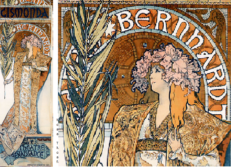 Mucha had already painted Bernhardt as Cleopatra. So he used a little of that, took some Byzantine architecture, and employed it to add an arch that almost works as a halo around the actresss head in order to accentuate her face  The work hit the streets on 1st January 1895 and, in no time at all, Mucha was doing all of Bernhardts work for successive productions on a 6-year contract whilst hundreds of men were employed to print anything else he designed. That wasnt just posters but postcards and far more. Hed arrived.