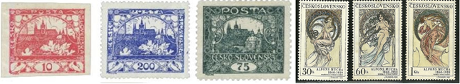 Left: Muchas original stamps featuring Prague castle. Right: a more recent salute to Muchas contribution to Czech culture.