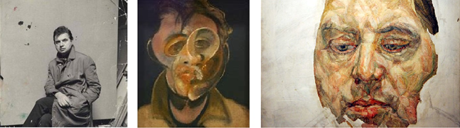Francis Bacon photographed in the early 1950s,in one of many self-portraits, and painted by his friend Lucian Freud.