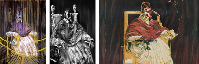 Left: Bacons Screaming Pope. Centre: a 2nd study after Velzquez. Right: study for a portrait of Pope Innocent X.