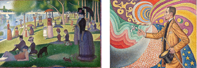 Georges Seurats A Sunday on La Grande Jette. A great example of pointillism. And Paul Signacs Portrait of Flix Fnon. Again pointillism.