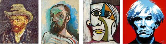Far left: Van Goghs Self-Portrait with a Felt Hat. Divisionist. Centre left: Henri Matisses Self- Portrait with a Stripey Shirt. Fauvist. Centre right: Picassos Self-Portrait. Cubist. Far right: Andy Warhols Self-Portrait. Pop art. 