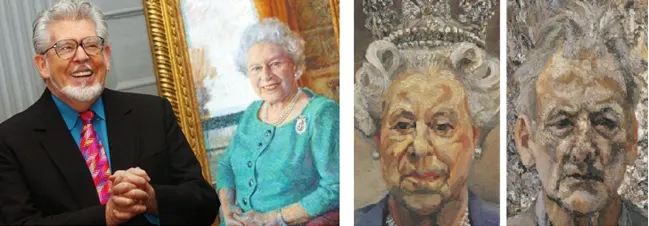They say that every artist paints themselves. Left is Rolf Harris with his portrait of the Queen who was later to detain him at her pleasure. She seems to have acquired his dentures, if anything. But, right of centre, Lucian Freuds portrait of Her Majesty bears a stark resemblance to his self-portrait to the right. Doubtless the Queen now faces a difficult choice as to which one to hang over the mantelpiece. 