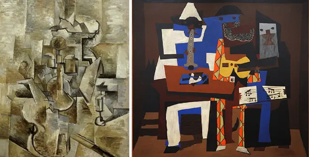 Confused? George Braques Violin and Pitcher (1910) left is an example of analytical cubism whilst Picassos Three Musicians (1921) right is an example of synthetic cubism. For more information see www.differencebetween.com/difference-between-analytical-and-synthetic-cubism/ 