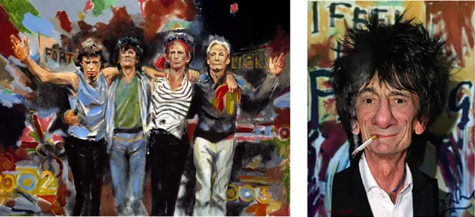 Left is Ronnie Woods own work, Forty Licks, beaturing The Boys (combined age 294). And right is Ron Wood as depicted by fellow artist Rodney Pike.
