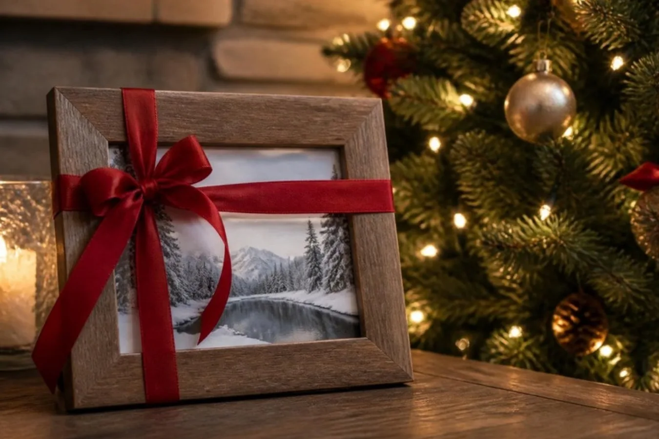 A wooden picture frame tied with red ribbon beside a Christmas tree