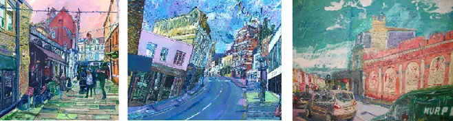 
Like the original impressionists, Oliver paints ordinary subjects such as Kentish Town Underground Station, Hampstead High Street and Beklsize Parks Budgens supermarket.
