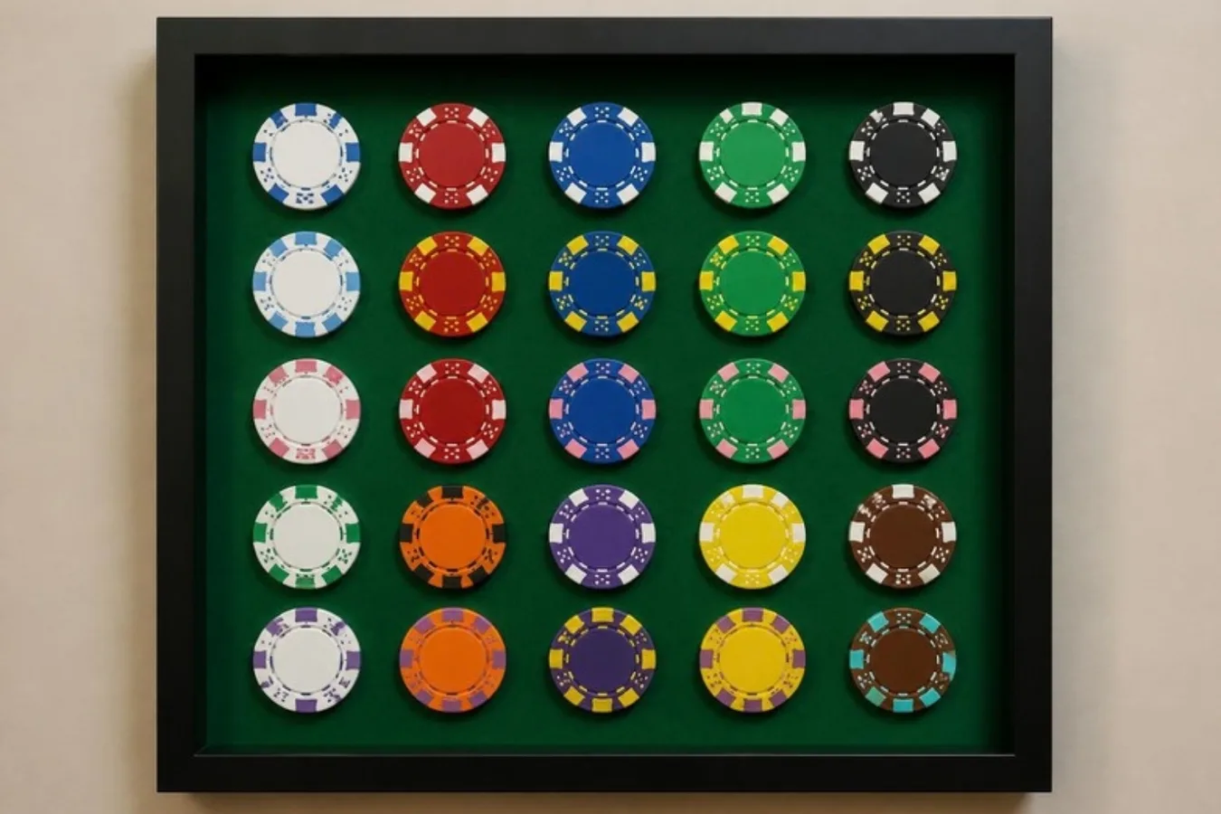 Poker chips arranged in a box frame