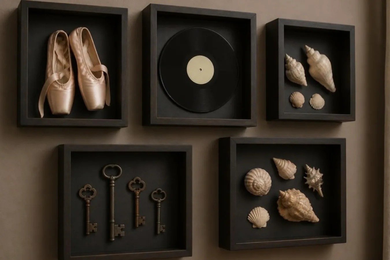 Unusual objects displayed in box frames on a wall