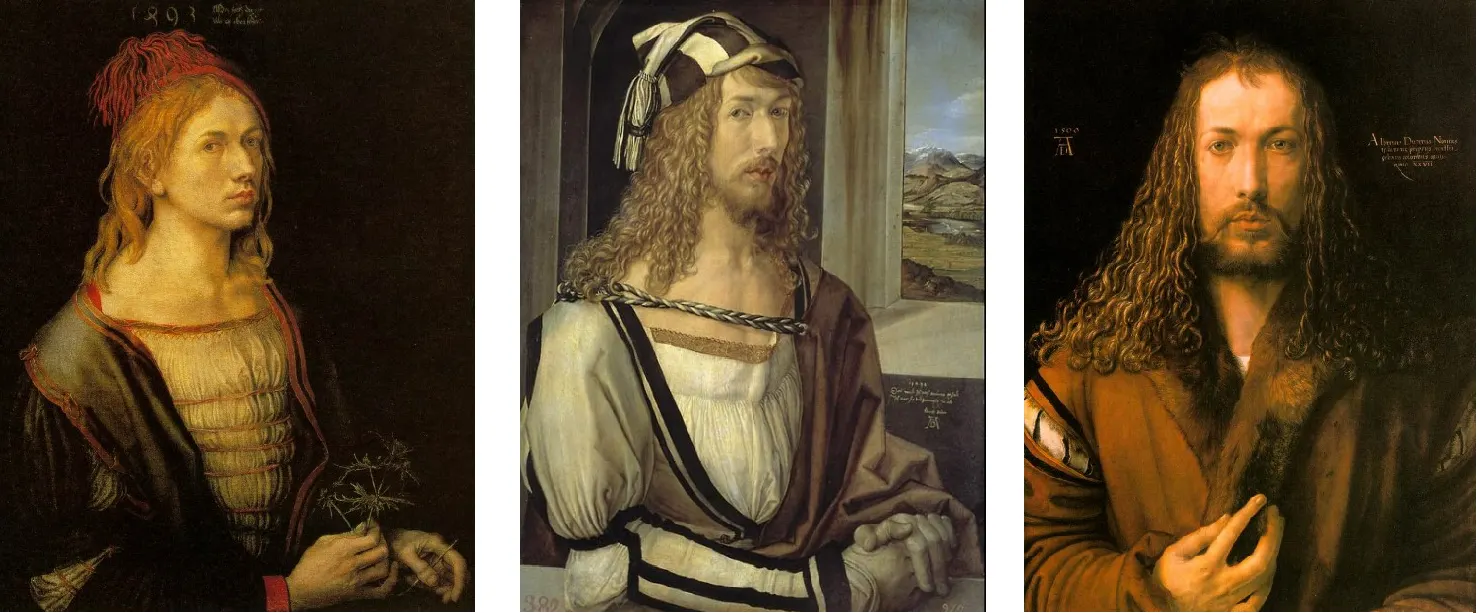 Albrecht Drer as he saw himself at 22, 26 and 28. The last of these bears some similarity to our perceptions of the looks of Jesus Christ, which might well have been gratuitously provocative at the time. It was another 20 years before Drer met Martin Luther and the men became friends, but the artist surely knew that he risked antagonising the Vatican. This pushing of the boundaries, though, was all part and parcel of the Renaissance.