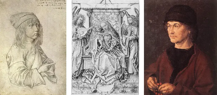 Drers self-portrait at 13; his Madonna with Musical Angels when he was 16, and his dad when he was 21.  
