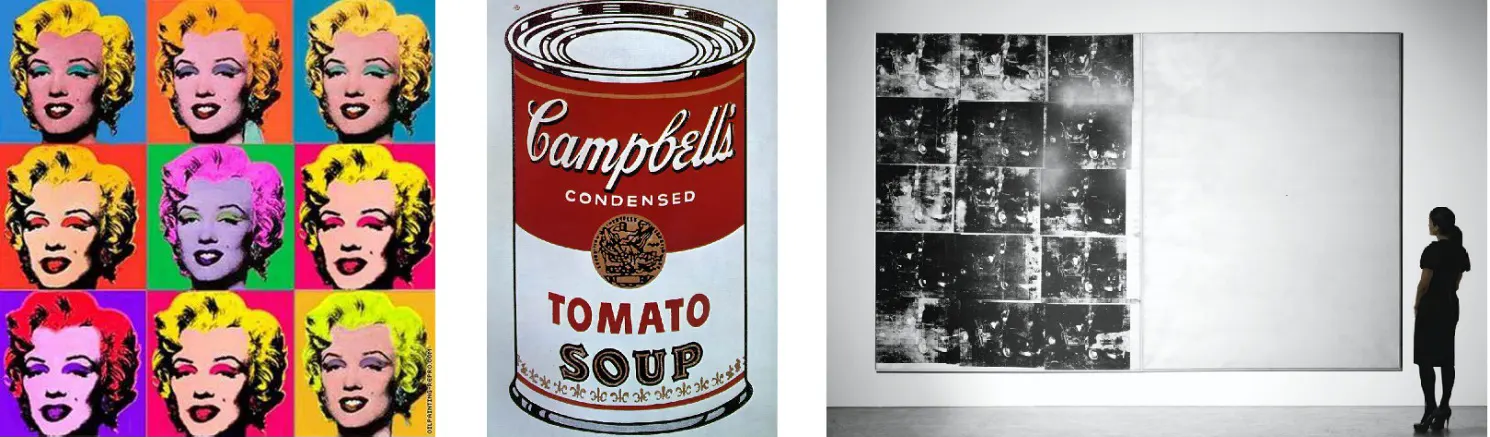 Warhol produced numerous versions of such images but here are his takes on Marilyn Monroe, Campbells tomato soup and Silver Car Crash (Double Disaster).