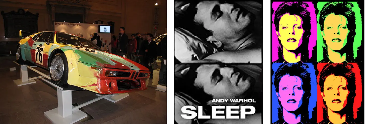 Andy Warhols 1979 BMW Group 4 MI, a poster advertising his 5-hour-12-minute documentary Sleep, and a question to ponder. Who created this Warhol-like image of David Bowie?