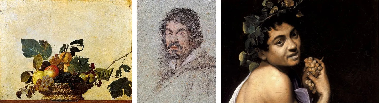 Left is Basket of Fruit, painted by Caravaggio when he was about 25. Then centre is a portrait of him by Ottavio Leoni (drawn a decade after Caravaggios death from memory, assumedly). And then on the right is the Sick Bacchus painting believed to have been a self-portrait.