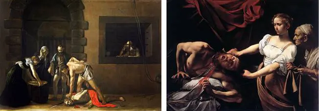 Caravaggio appears to have been obsessed with creating grotesque scenes. On the left is The Beheading of Saint John. On the right is Judith Beheading Holofernes. Arguably there is a clear link between what he painted and his love of participation in violence, something that perpetually got him into serious trouble.
