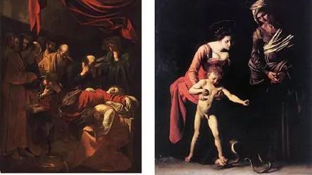 Left: Death of the Virgin which used a prostitute as a model. Right: Madonna of the Grooms which seems to reflect the artists unfortunate preoccupation with youthful male eroticism.