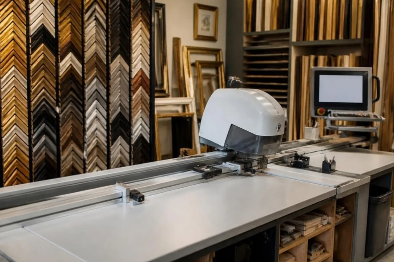 A picture framing workshop with a cutting machine and racks of frame mouldings