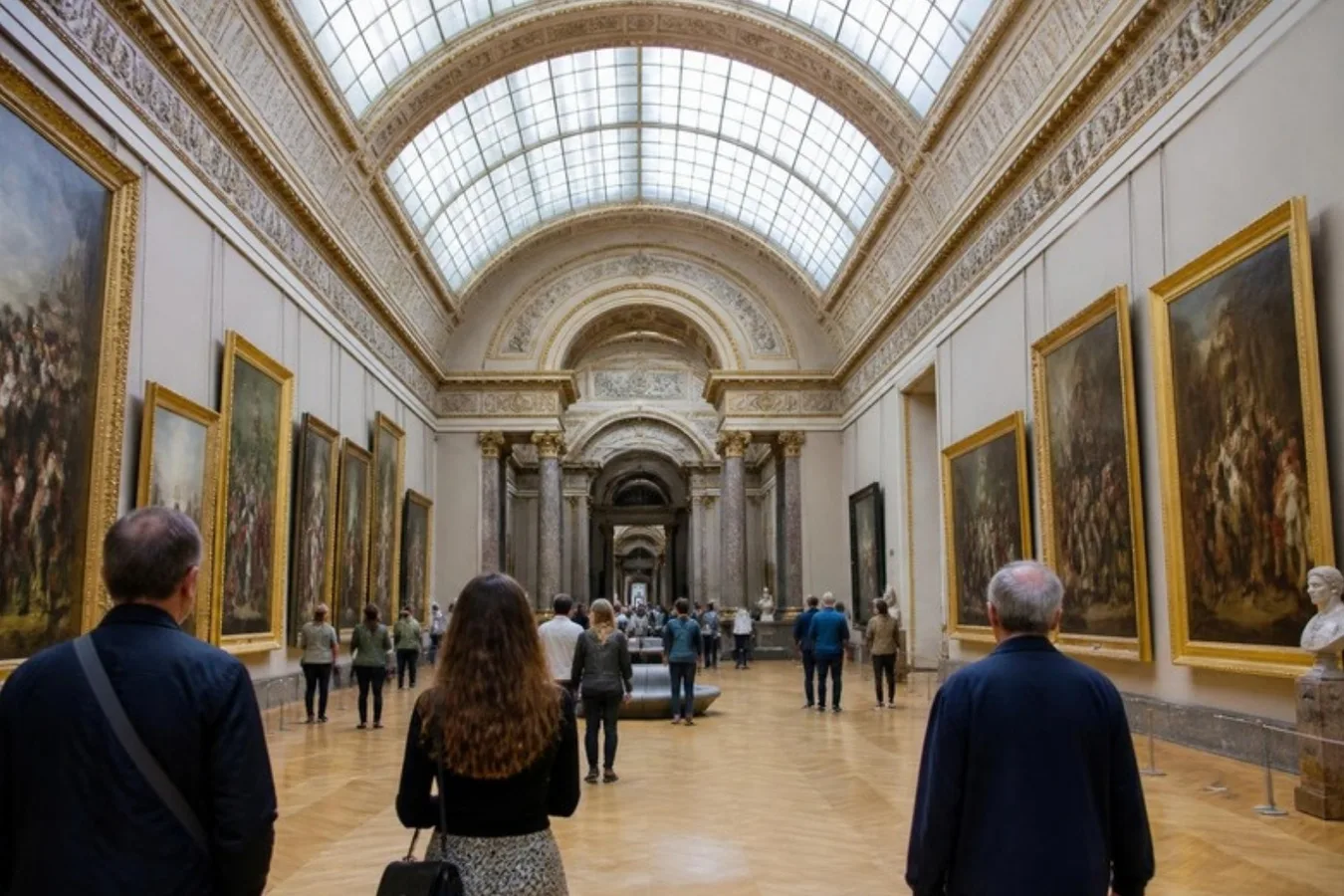 Visitors in the grand hall of a classical art museum