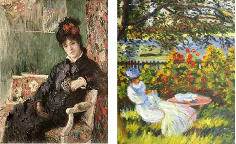 Monet loved to paint his wives. Left is Camille with a posy of violets and right is Alice in the garden.