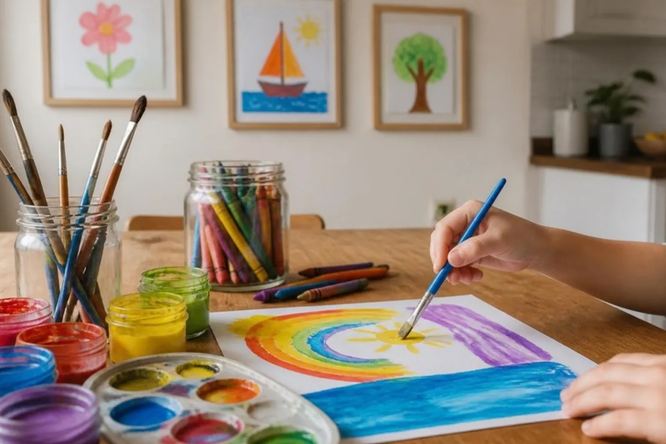 A child painting a rainbow at a table, with framed children's pictures on the wall