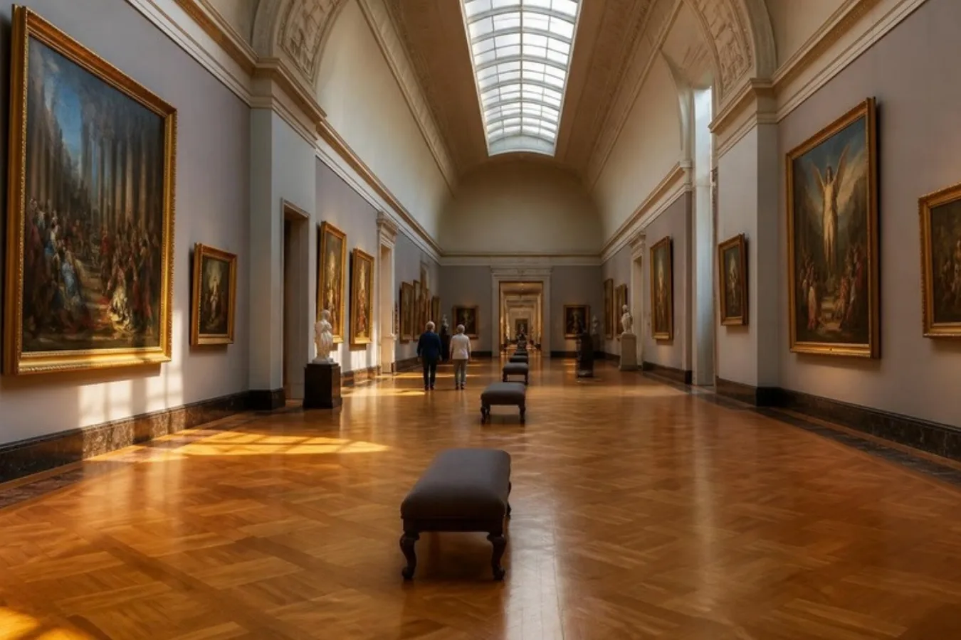 A long gallery in a grand art museum, hung with gilt-framed paintings